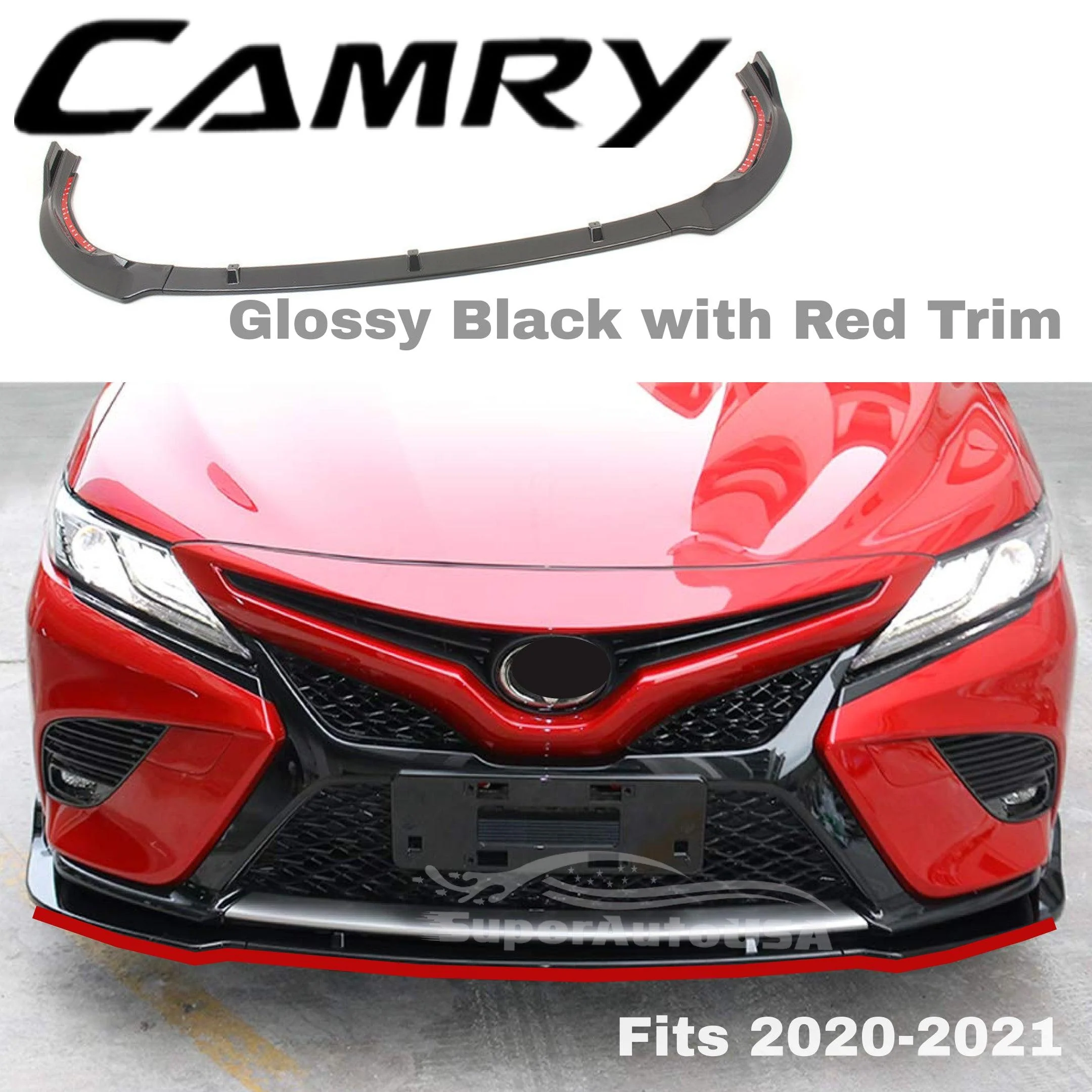 Fits 2018-2023 Toyota Camry SE XSE TRD Style Front Bumper Lip (Gloss Black with Red Trim) - Image 4