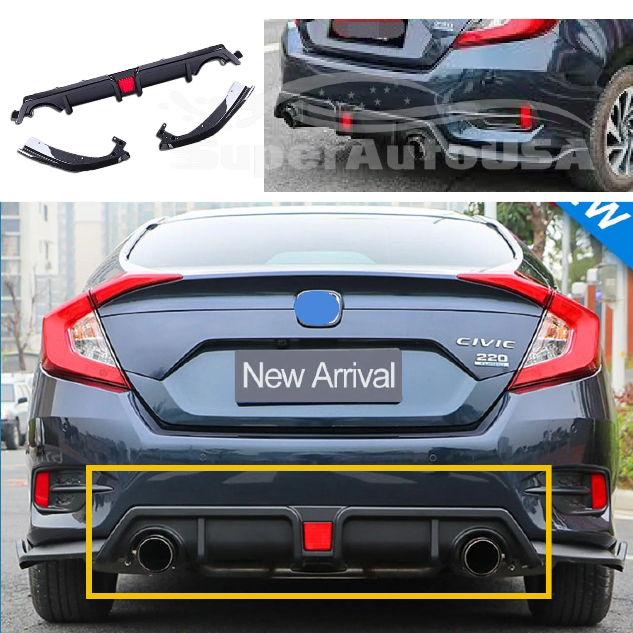 Fits 2016-2021 Honda Civic Sedan Rear Lip Diffuser with LED light Kit (Gloss Black) - Image 3