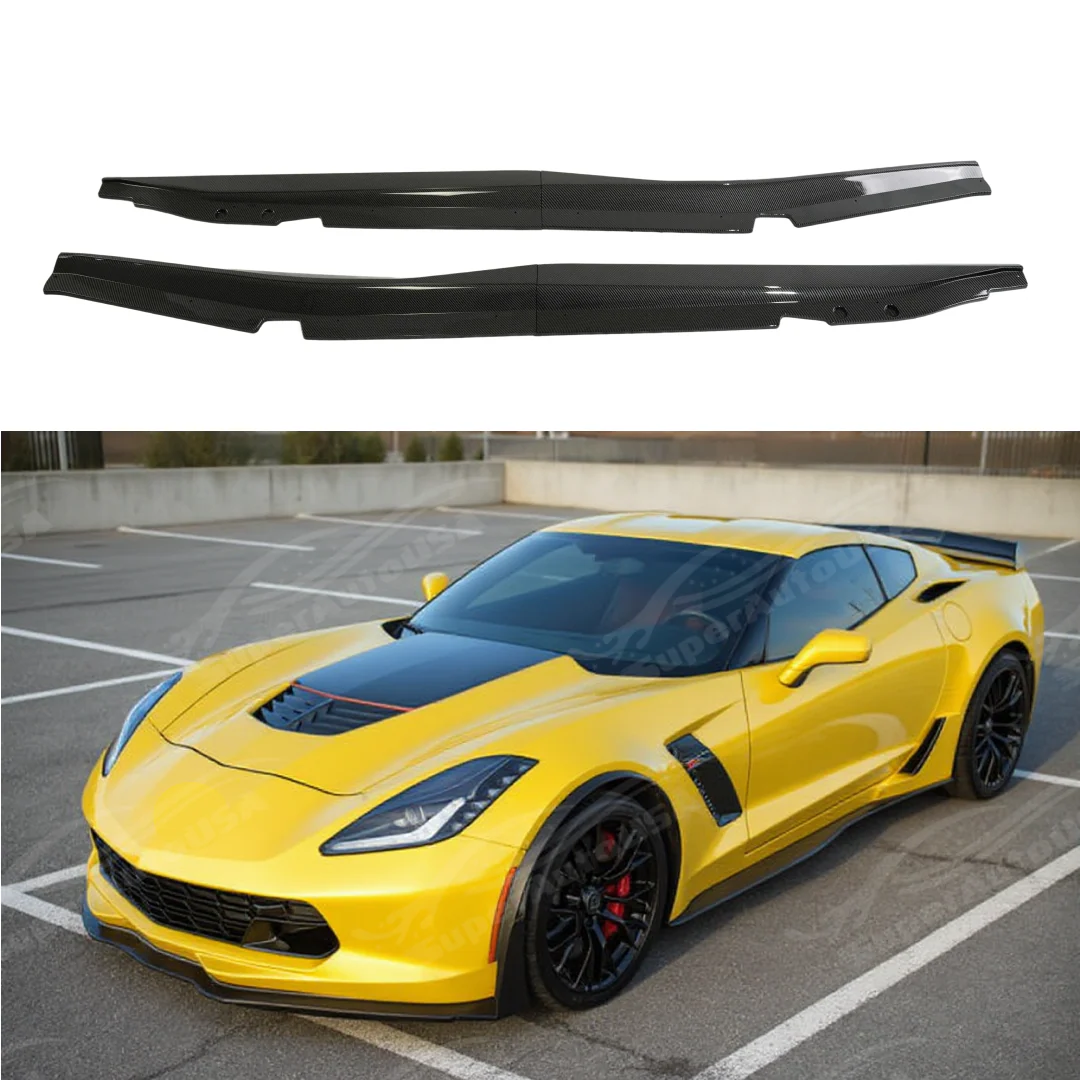 Z06 Style Carbon Fiber Print/Gloss Black Side Skirt Rocker Panels For 2014-2019 Chevrolet Corvette C7